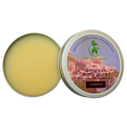 Close-up of creamy natural body butter texture, concentrated water-free formula for dry skin relief.