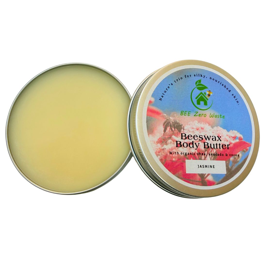 Minimalist bathroom decor featuring Bee Zero Waste body balm, organic spa aesthetic, eco-conscious living.