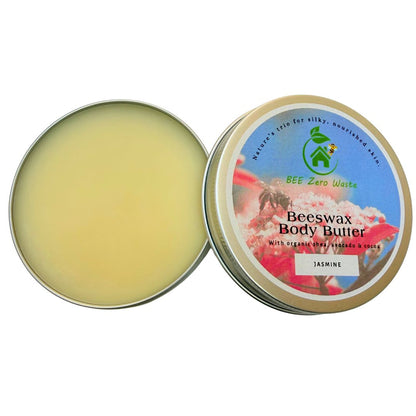 Minimalist bathroom decor featuring Bee Zero Waste body balm, organic spa aesthetic, eco-conscious living.