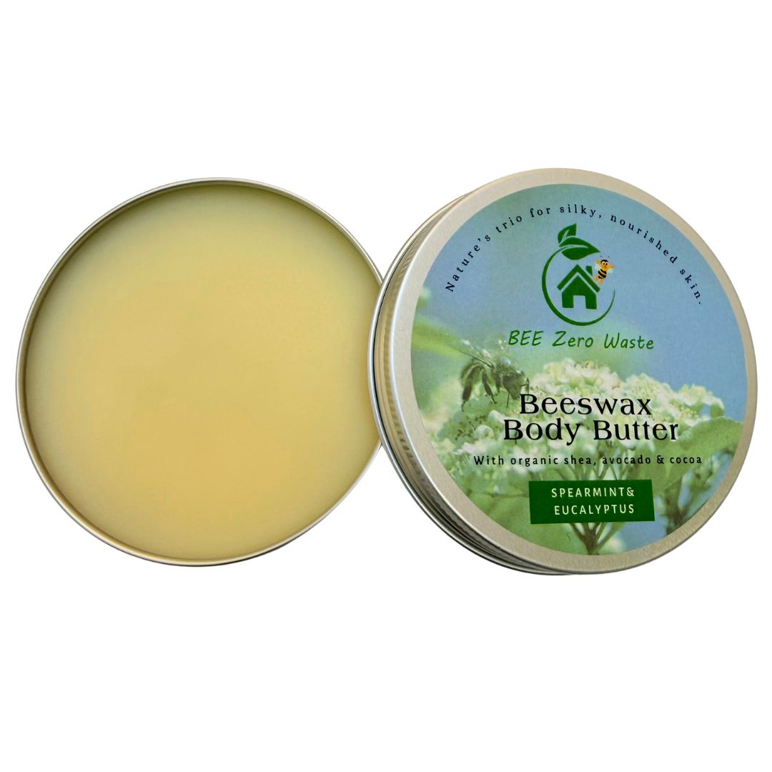 Eco-friendly gift for her, sustainable beeswax body cream in recyclable packaging, Bee Zero Waste brand.