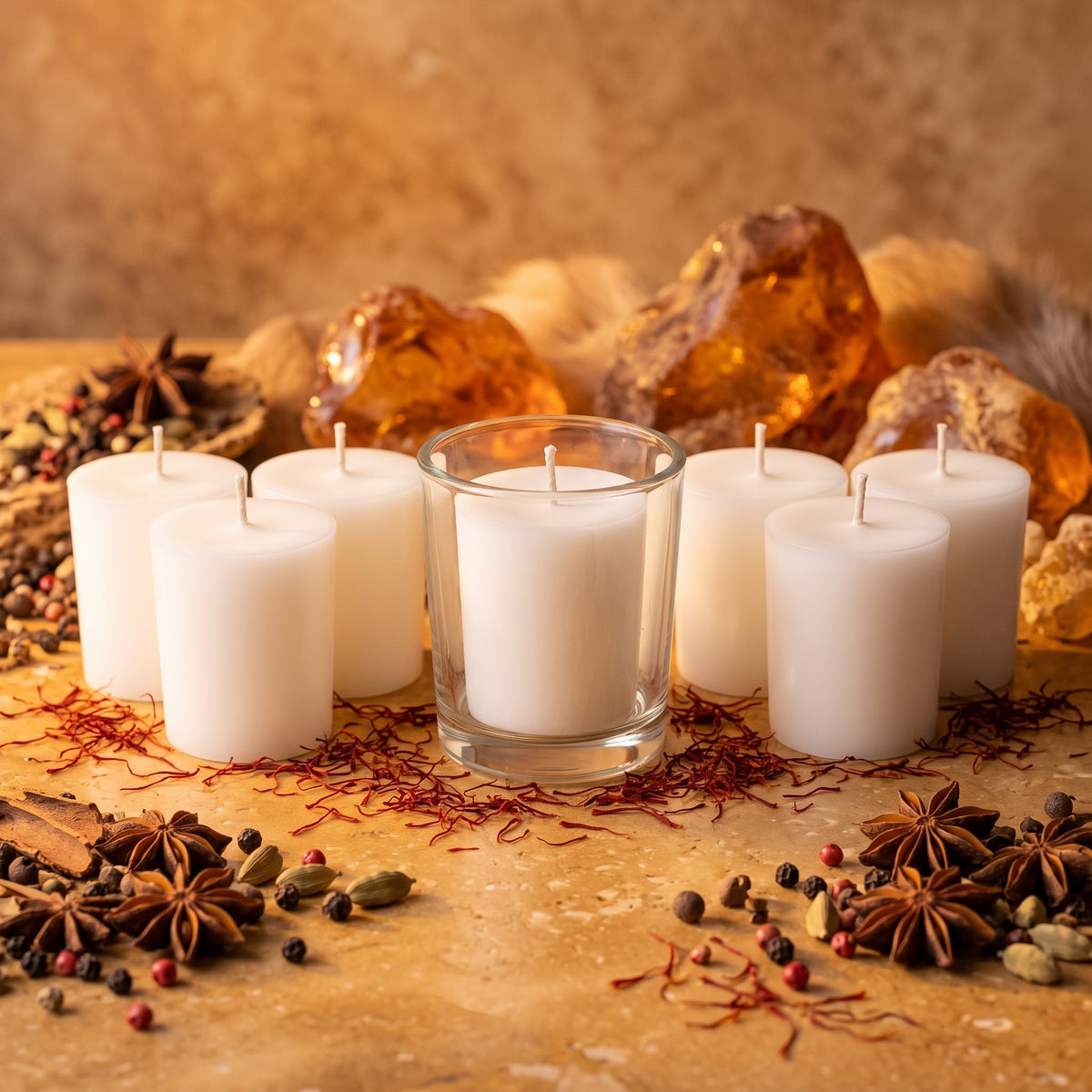 Artisan-poured Asian Amber white soy votive candles, set of 7 with glass holder, displayed on a warm wooden surface surrounded by glowing golden amber resin, star anise, peppercorns, cardamom pods, and delicate red saffron threads.