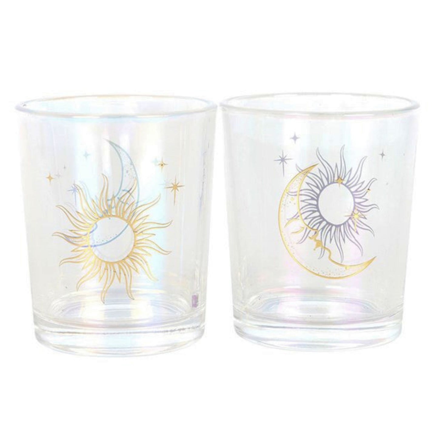 Two glass votive holders with sun and moon designs on a white background