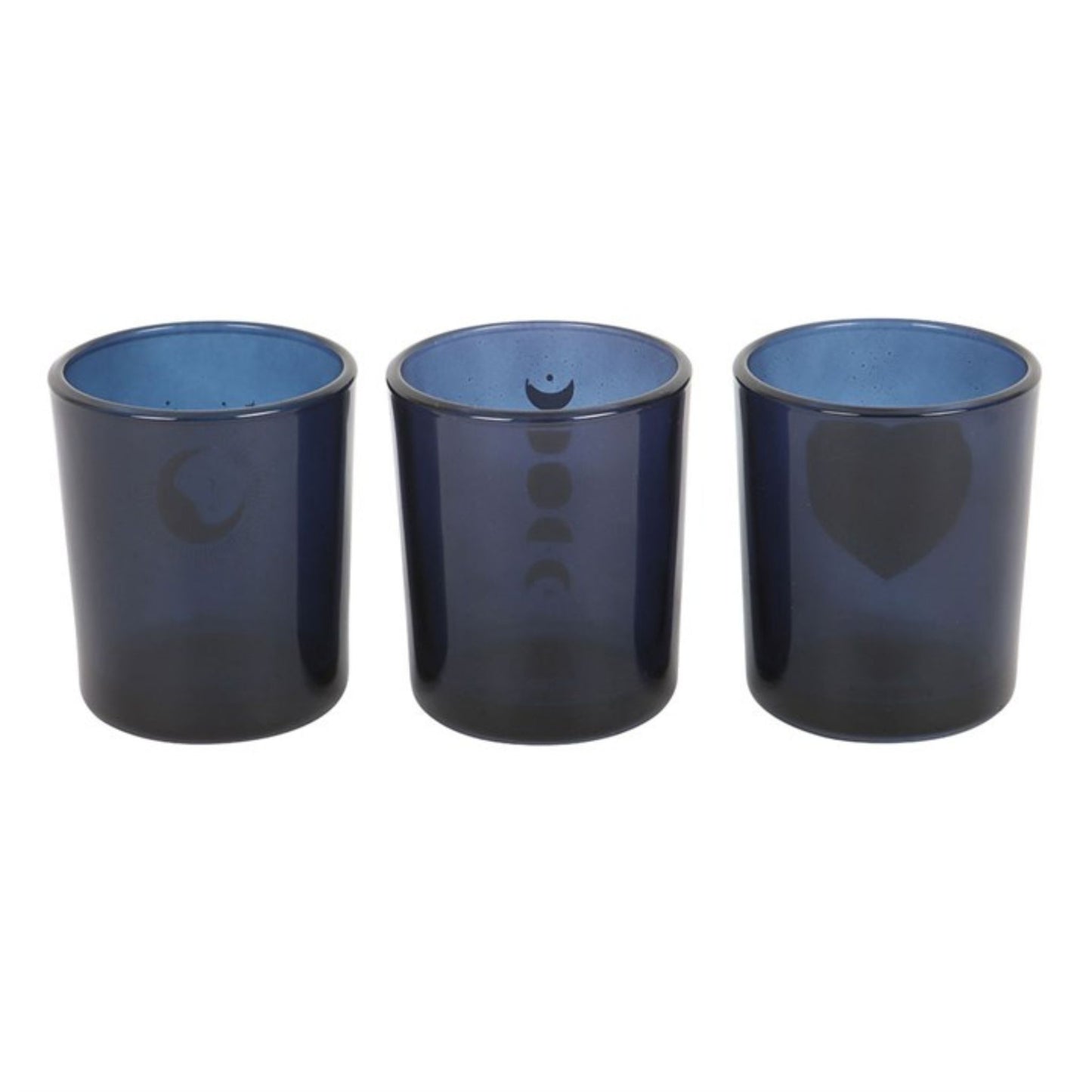 Three small blue glass candle cups for votives or tea lights, decorated with silver lunar details against a bright white backdrop.