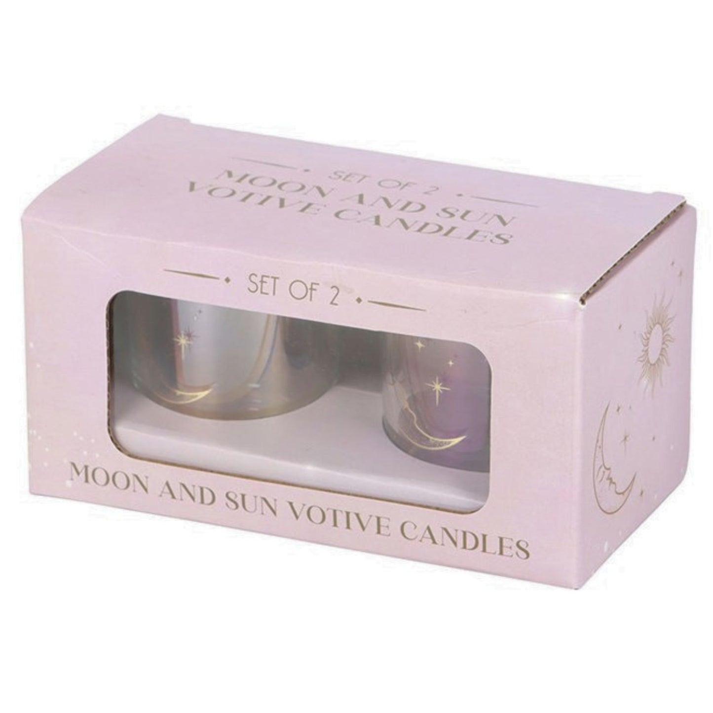 Box of moon and sun votive candles with clear window