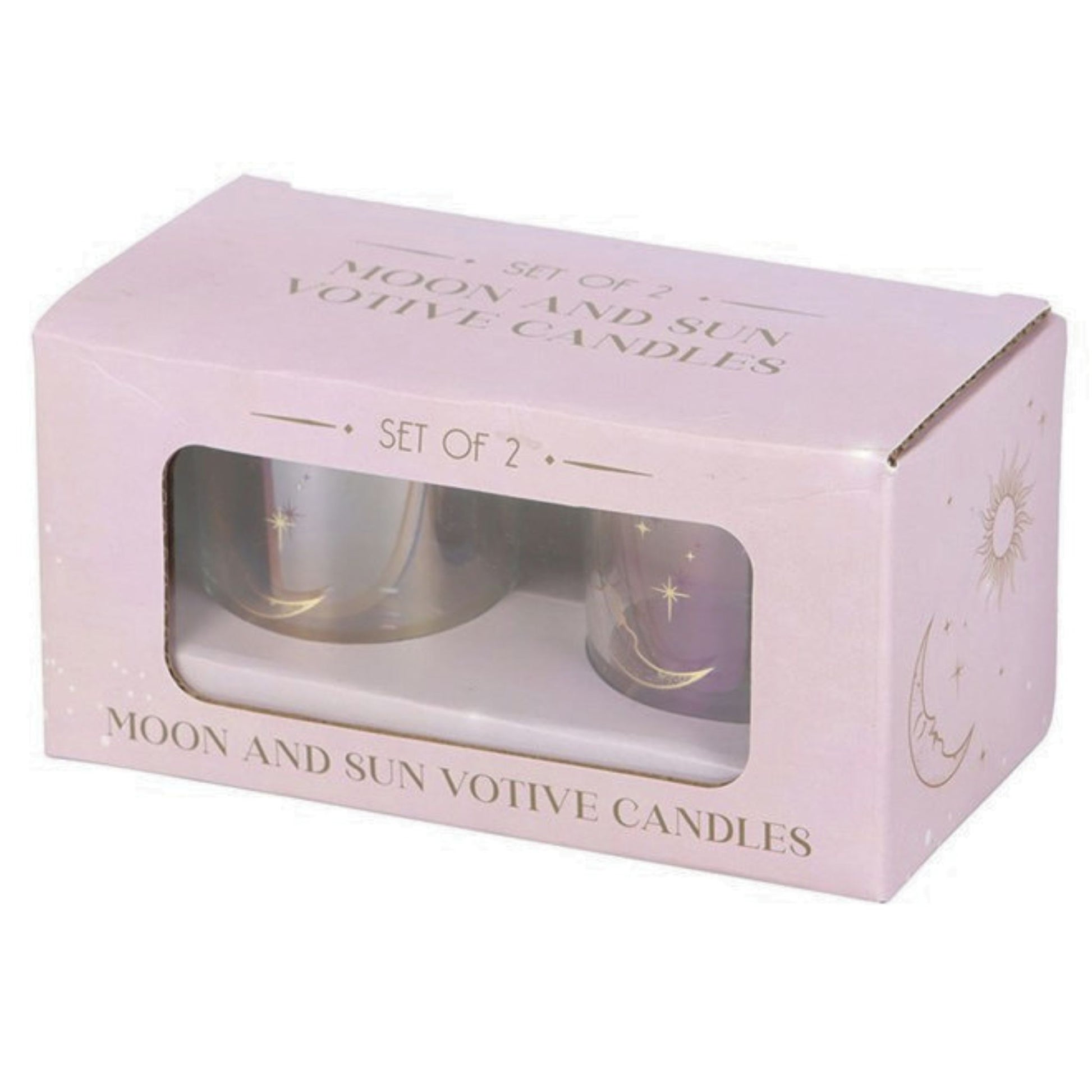 Box of moon and sun votive candles with clear window