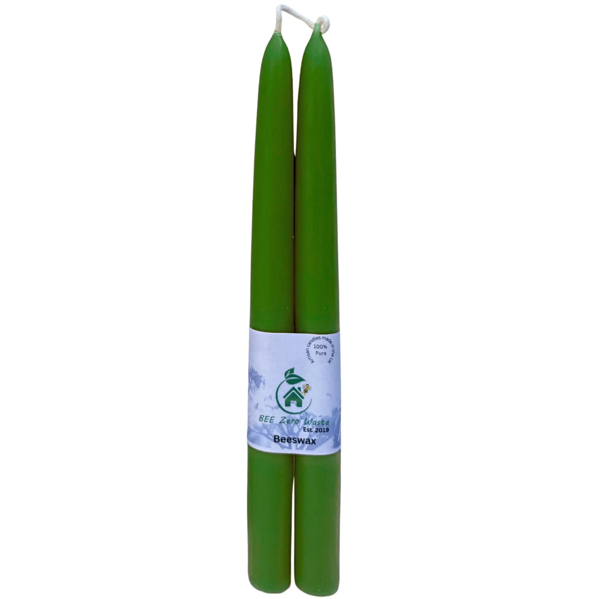 Two green pure beeswax  tapers candles wrapped together with a white paper band label, shown against a plain white background.