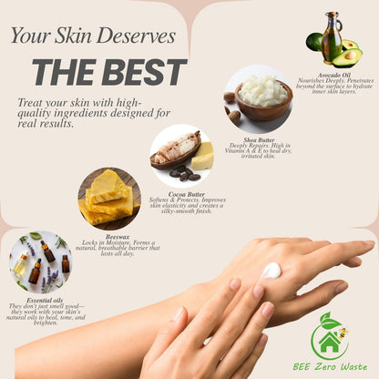 Deeply nourishing hand and body balm for cracked heels and dry elbows, organic plant-based oils.