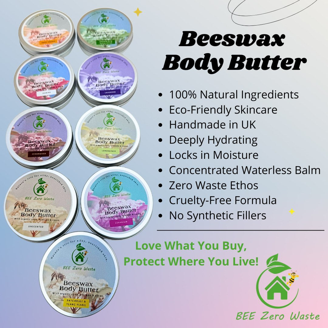 Professional product shot of Bee Zero Waste tin and lid, highlighting the "Nature's Trio" formula.