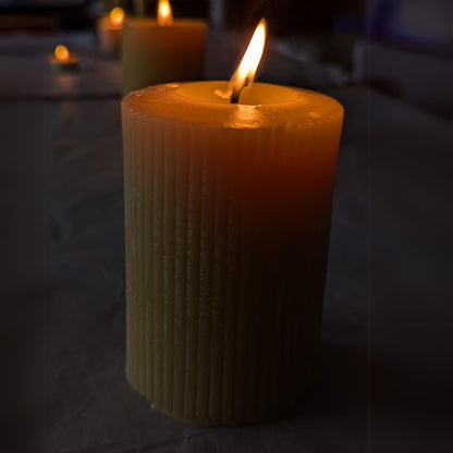 Natural Beeswax Ribbed Pillar Candle – Clean Burning & Eco-Friendly