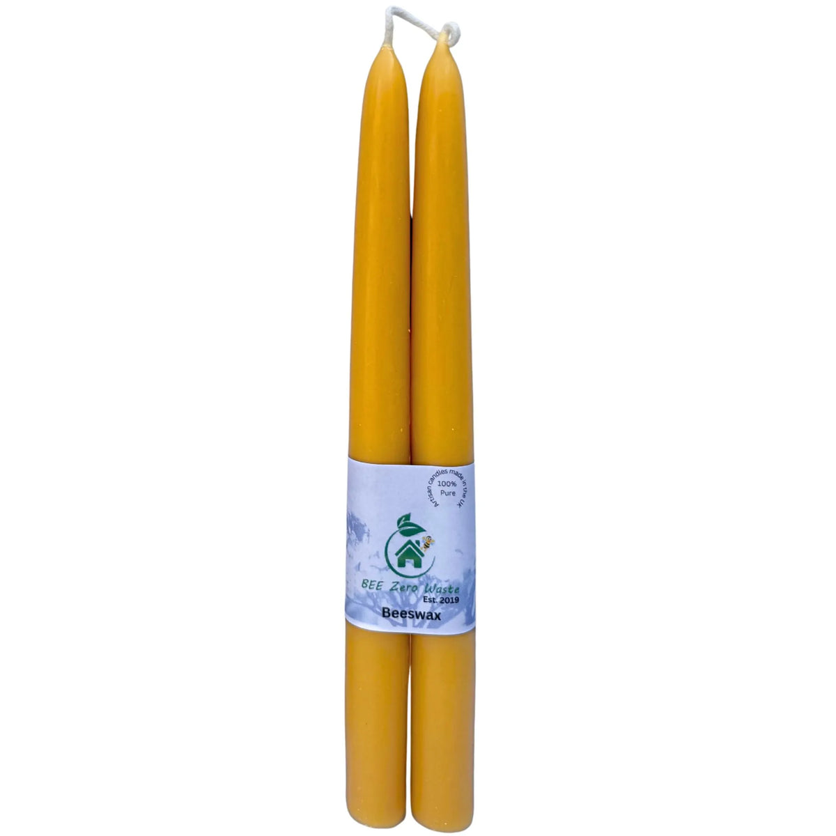 Two yellow beeswax taper candles bundled together with a white paper label that reads 'BEE wax melts tea lights' and 'Beeswax'.
