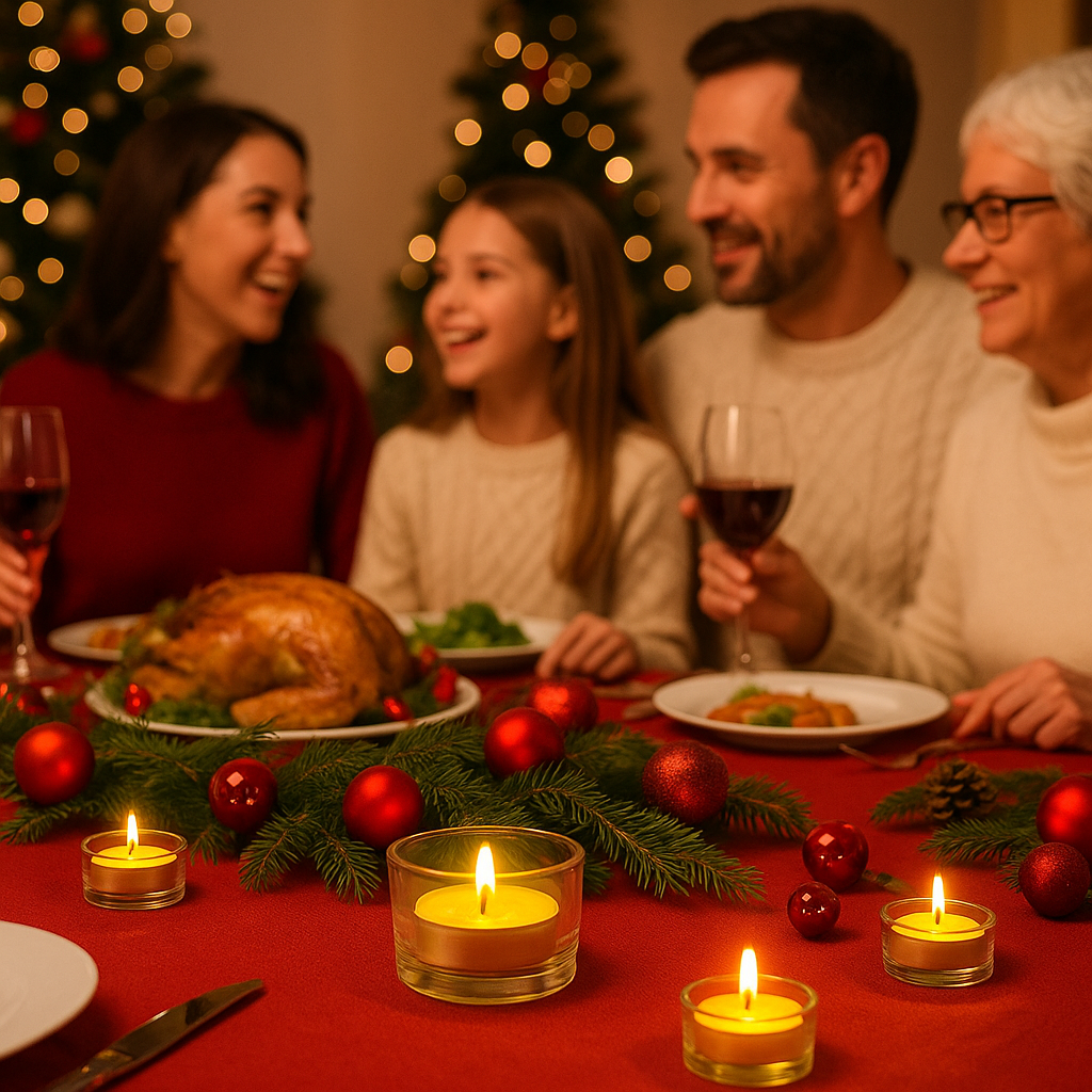 Family gathered around a Christmas dinner table with candles and a turkey.