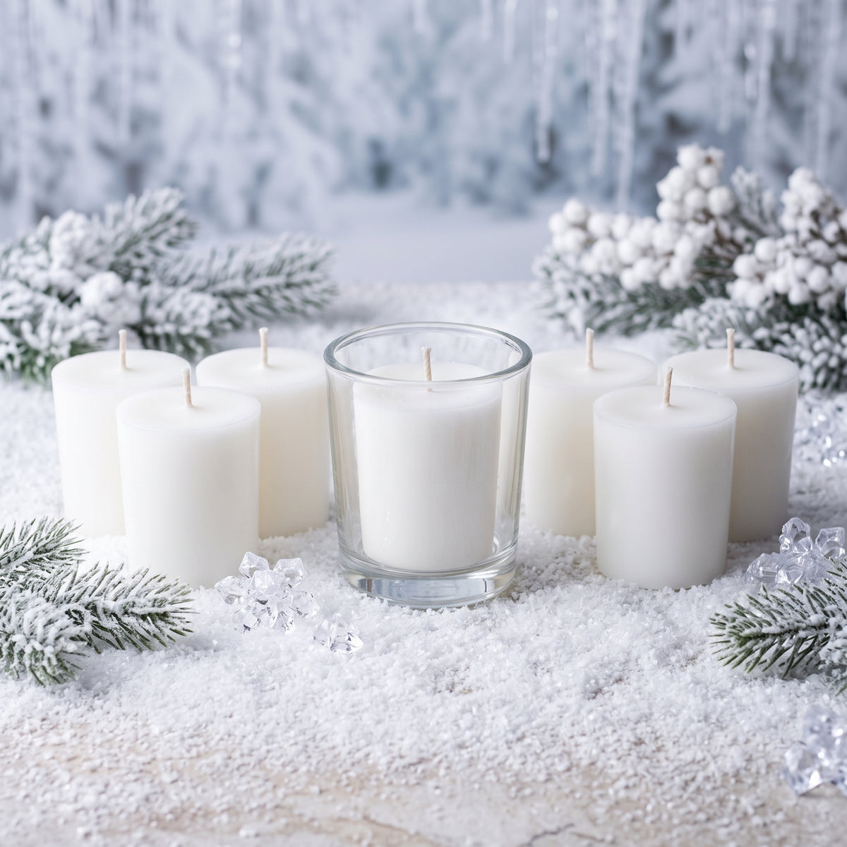 Collection of handcrafted White Winter scented white soy votive candles, set of 7 with glass holder, displayed on a snowy surface with frosted pine and white berries. Includes clear ice crystals for a frosty, magical feel.
