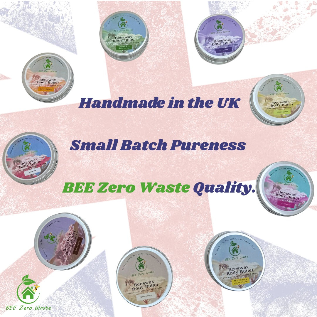 Bee zero waste products with 'Handmade in the UK' and 'Small Batch Pureness' text on a pink and white background.