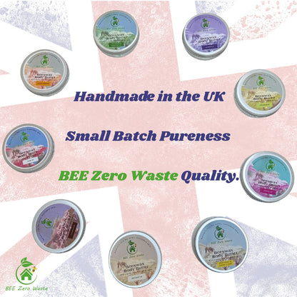 Bee zero waste products with 'Handmade in the UK' and 'Small Batch Pureness' text on a pink and white background.