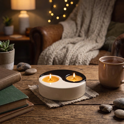 Yin Yang Ceramic Tealight Candle Holder Includes 2 Pure Beeswax Tealights